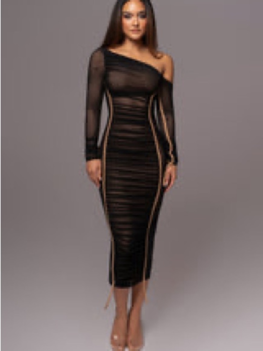 JLUXLABEL Black One-Shoulder Sheer Ruched Midi Dress with Gold Trim